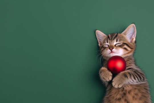 Tabby kitten sleeping holding red Christmas ornaments on green background in flat lay top view. New Year's day and Christmas banner with copy space for text.