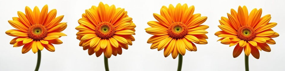 Fototapeta premium Bright orange gerbera daisies isolated against white background. Close-up view detailed flower petals, vibrant colors. Ideal for spring floral designs. Great for representing beauty in nature.