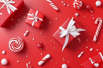 Christmas background with red gifts, white ribbon, and decorations
