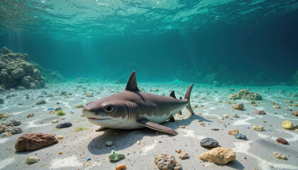 Fototapeta premium Shark resting on the sandy seabed surrounded by rocks and coral