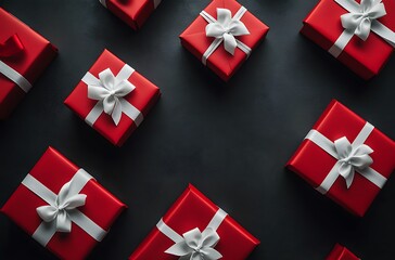 Obraz premium Christmas background with red gifts, white ribbon, and decorations