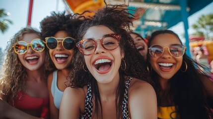 Fototapeta premium 63. A group of friends with varied personal styles and cheerful expressions, enjoying a fun day at an amusement park