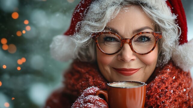 Joyful Mrs Claus with a radiant festive smile holding cocoa surrounded by glowing holiday vibes on green