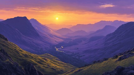 Serene Sunset Over Purple Mountain Valley Landscape