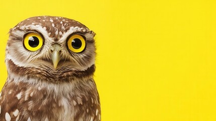 Obraz premium Close-up of a Spotted Owl against a Bright Yellow Background