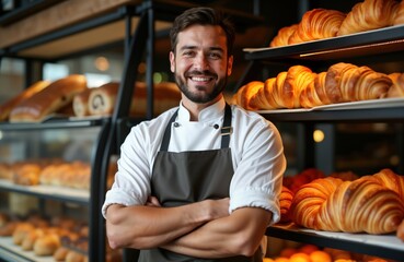 Proud bakery owner stands confidently in cozy shop. Displaying fresh croissants, baked goods on shelves. Smiling, happy small business owner. Indoor setting of charming, local bakery. Welcoming