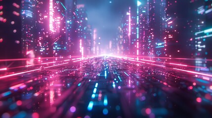 Obraz premium Sleek Futuristic Cityscape with Neon Lights Reflecting on Wet Pavement.