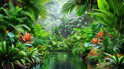 Captivating 3d jungle panorama  an enigmatic foggy forest oasis and dark natural landscape