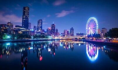 Obraz premium Illuminated Ferris wheel at night with cityscape in the background, Generative AI