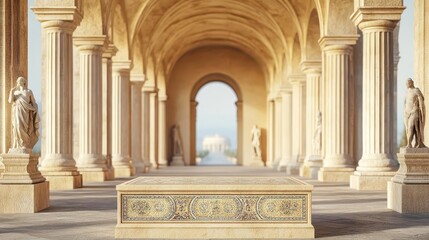Stone podium with Roman mosaic designs, placed in a grand colonnade with statues and arches, elevated product display, classical sophistication