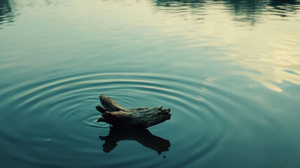 Solitary Piece of Driftwood Floating Quietly on Calm Water Surface at Dusk