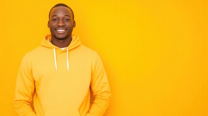 Obraz premium Young Man Smiling in Yellow Hoodie Against Bright Yellow Background