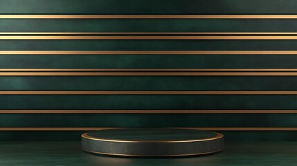 Generate a 3D render of a dark green and golden podium with horizontal stripes in the background, serving as a product display platform stage for showcasing in a mock-up design studio environment