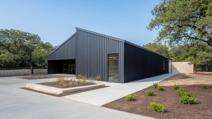 Modern Black Metal Building Surrounded by Greenery and Clear Sky