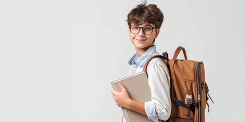 Smiling Student Boy with Backpack and Book Ready for School Day