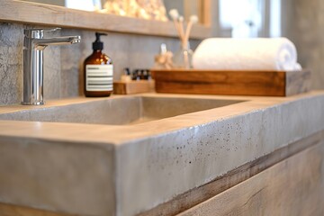 Modern Concrete Bathroom Sink Design with Wooden Accents, Stylish Faucet and Tray, Clean Minimalist Look.