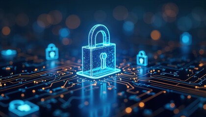 Digital lock symbol secure tech concept. Blue glowing lock icon on electronic circuit board. Abstract cyber security illustration. Data protection against dark web. Safe online system. Modern