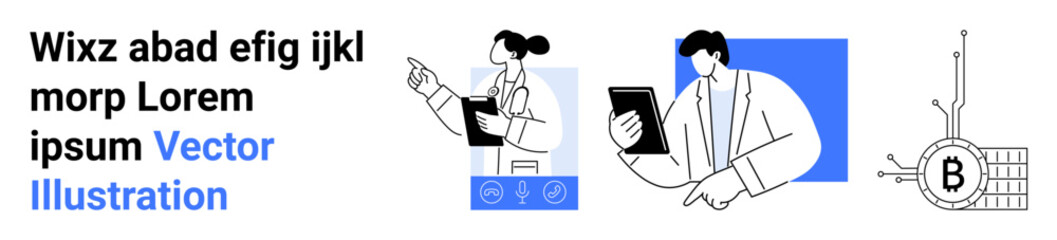 Professionals holding tablets, pointing at charts, and a Bitcoin symbol merged with digital circuit board. Ideal for business, technology, finance, education, marketing, consulting, digital strategy
