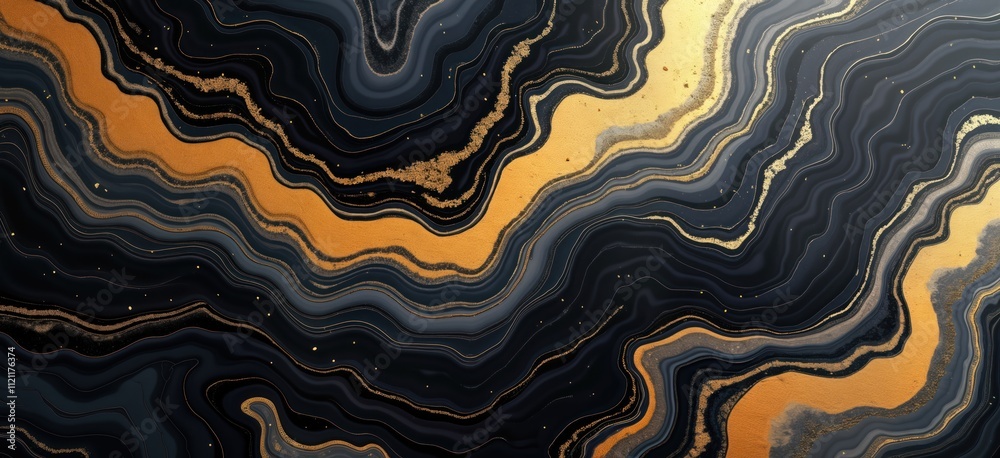 Poster abstract fluid art design features dark tones of black, gray marble with gold accents. intricate flo
