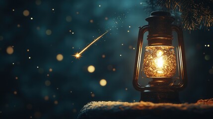 A classic Christmas lamp glowing with a soft golden light, with a shooting star trailing through the dark sky.
