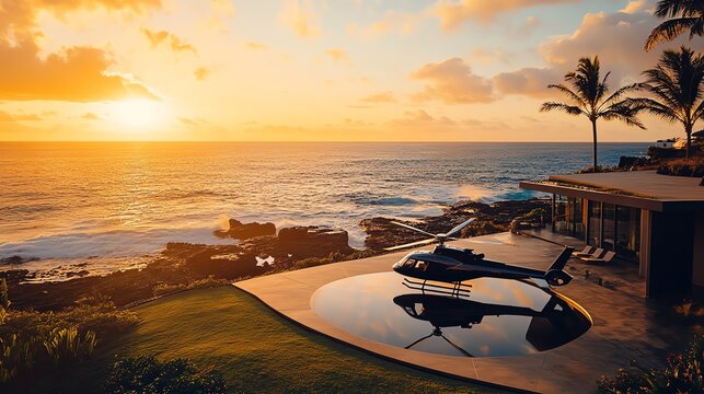 Black helicopter parked on a private helipad overlooking the ocean at sunset.