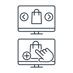 Search and purchase of goods in the online store. Set of vector linear icons isolated on white background.