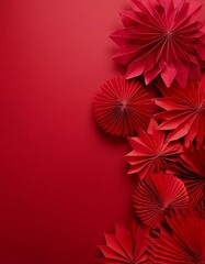 Origami red snowflakes and stars decoration on a red background with copy space. Generated image