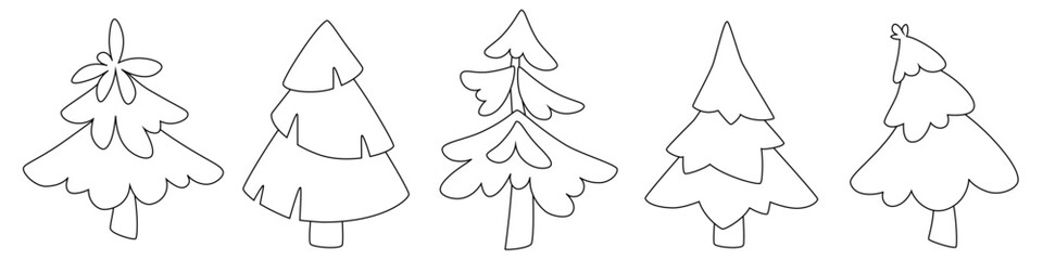 Vector set of black and white fir trees of different shapes. Coloring, doodle illustration. Forest tree, pine, Christmas tree. Clip art for children's books and educational games.