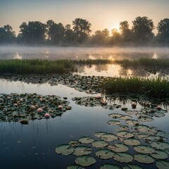 Naklejka premium A quiet marshland at sunrise with water lilies and morning mist.