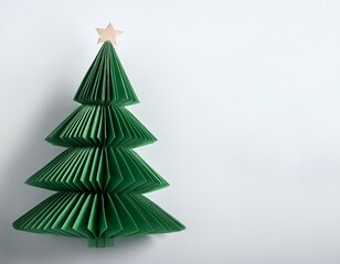 Fototapeta premium Origami Christmas tree made of green paper on white background. Generated image
