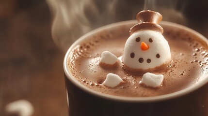 A close-up of a steaming mug of hot chocolate with a cute melted snowman marshmallow inside.