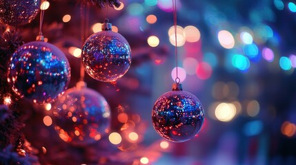 Fototapeta premium A close-up of several Christmas balls hanging delicately from a tree, with an out-of-focus background of festive lights and decorations.