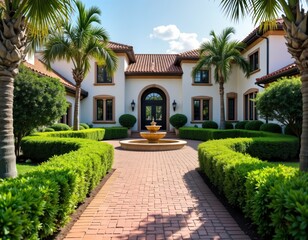 Obraz premium Large luxury house with beautiful brick walkway surrounded by rich green bushes, palm trees. Modern architecture with traditional style. Exterior design landscaped with fountain in courtyard. Picture