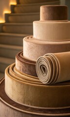 Stacked rolls of velvet fabric in warm neutral tones. Rolled fabric in brown shades. Mocha mousse color 2025. Concept of color of year 2025