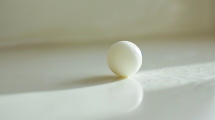 A small white ping pong ball, perfectly round and resting lightly on a clean white surface, reflecting soft light.