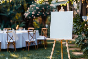 Blank Canvas on Easel at Outdoor Garden Wedding Reception