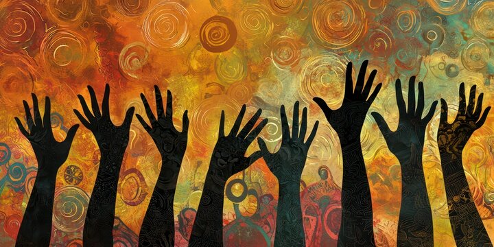A group of hands reaching up, symbolizing unity and empowerment for Black History Month, with abstract designs in the background.