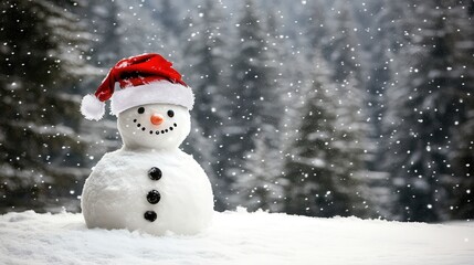 Fototapeta premium A snowman wearing a classic Santa hat, perched outdoors in a snowy field surrounded by nature
