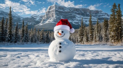 Obraz premium A snowman wearing a classic Santa hat, perched outdoors in a snowy field surrounded by nature