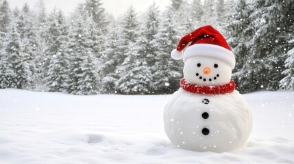 Fototapeta premium A snowman wearing a classic Santa hat, perched outdoors in a snowy field surrounded by nature
