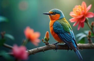 Obraz premium Colorful bird perched on tree branch amidst vibrant flowers. Nature scene in garden forest. Beautiful wild animal. Spring summer time. Image perfect for nature lovers wildlife enthusiasts. Stunning,