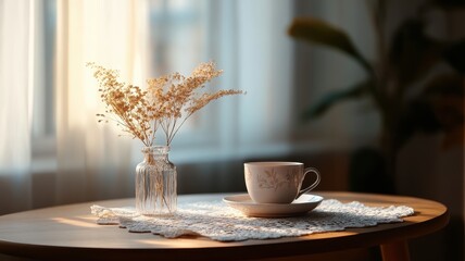 Cozy cottagecore decor: Whimsical wooden table adorned with delicate lace accents for a charming touch.