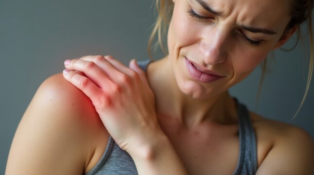 A close-up of a person gently massaging their sore shoulder, with a pained expression, highlighting the need for relief and care after physical activity