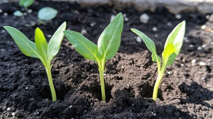 Three young green plants sprouting from rich fresh soil under soft sunlight, symbolizing growth and Earth Day