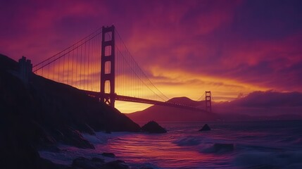 Obraz premium Golden Gate Bridge silhouetted against the vibrant hues of a fiery sunset, with the sky blending warm oranges and deep purples
