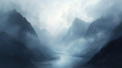 Misty Mountains Enveloping A Serpentine River Valley