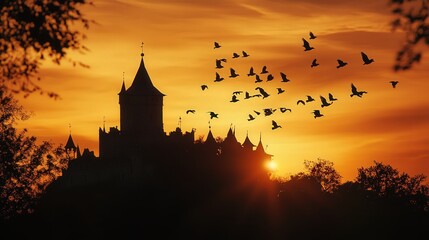 Fototapeta premium birds circling a castle at dusk, their silhouettes adding contrast to the vibrant tones of the sunset