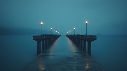 Fototapeta premium bridge by the sea, light bulb poles illuminating the water below, creating a beautiful symmetry between the bridge and the ocean's surface