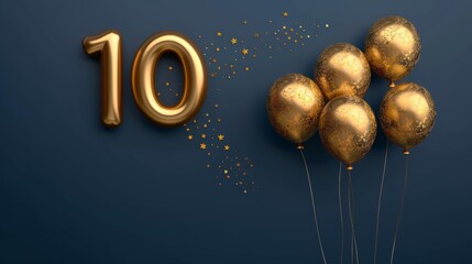 Golden number ten balloon on navy background, ideal for anniversaries and milestone celebrations