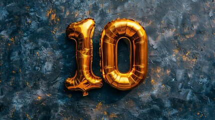 Elegant golden number ten balloon on navy blue for milestone anniversaries and celebrations